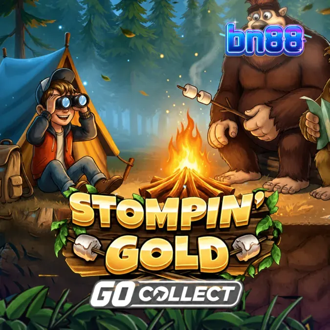 Stompin’ Gold স্লট গেমের একটি দৃশ্য যেখানে বিগফুটের সাথে জঙ্গল অভিযানের থিম ফুটে উঠেছে।